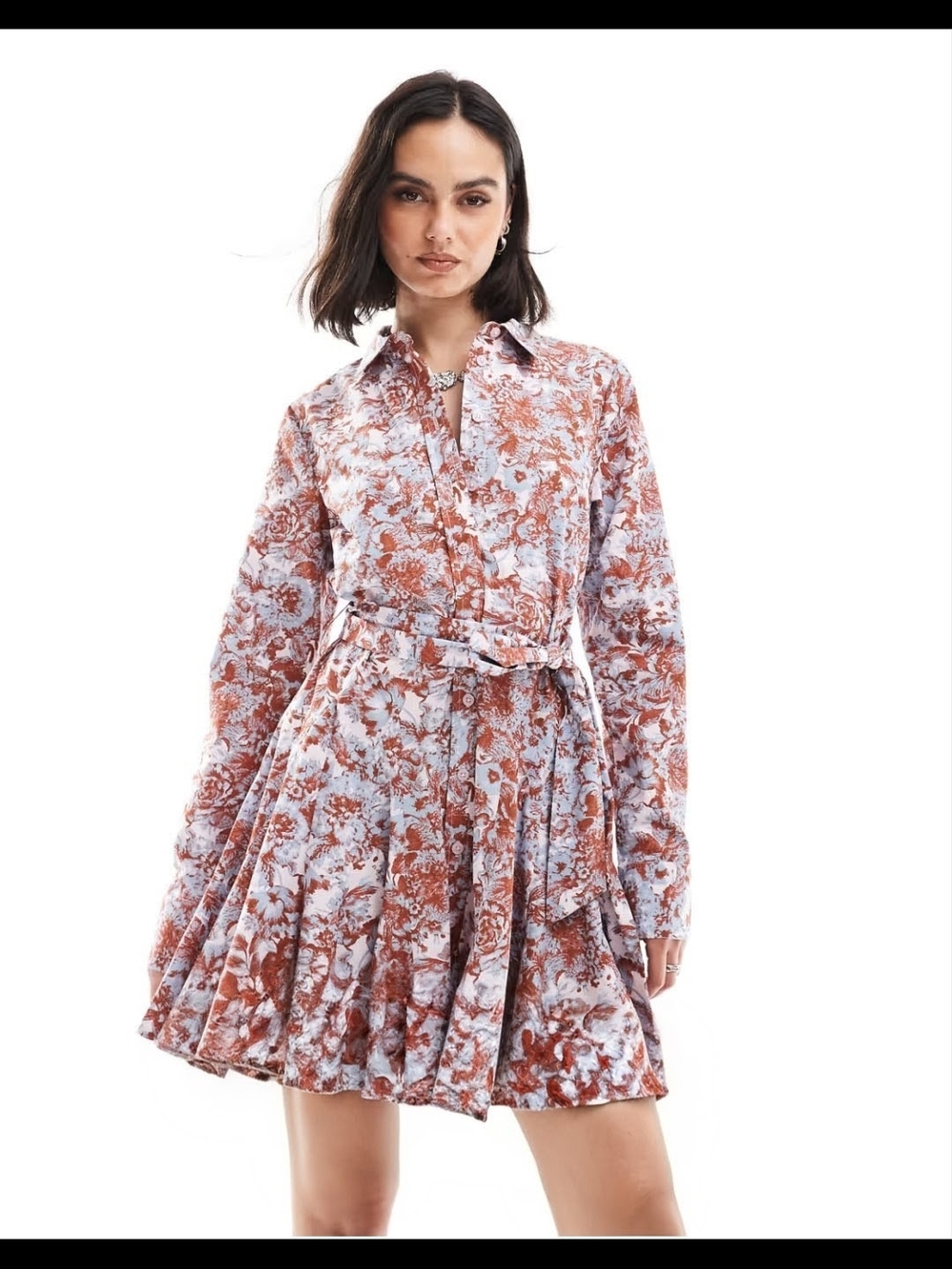 ASOS Women's Rust & White Floral Mini Shirt Dress with Tie Waist